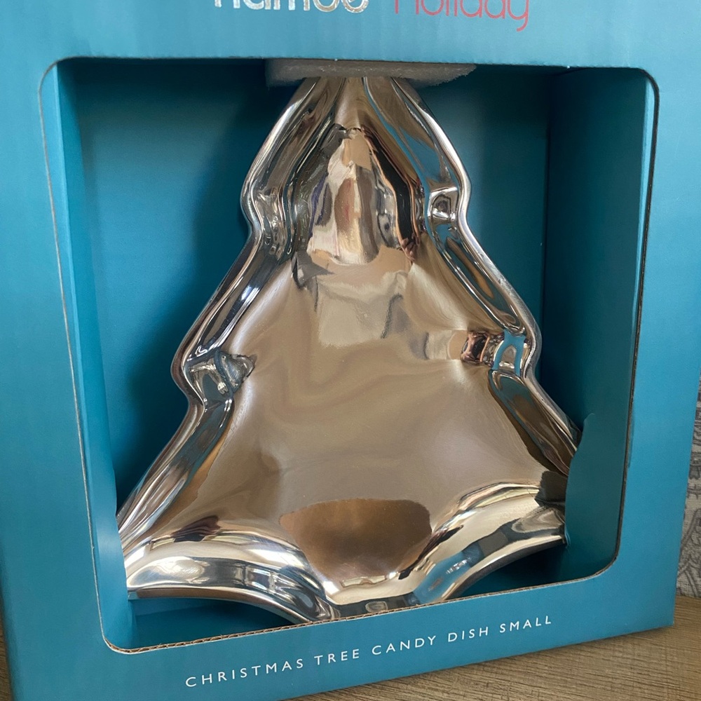 Nambe Holiday Christmas Tree Shaped Candy Dish, Metal Alloy, 9 Inch - Silver